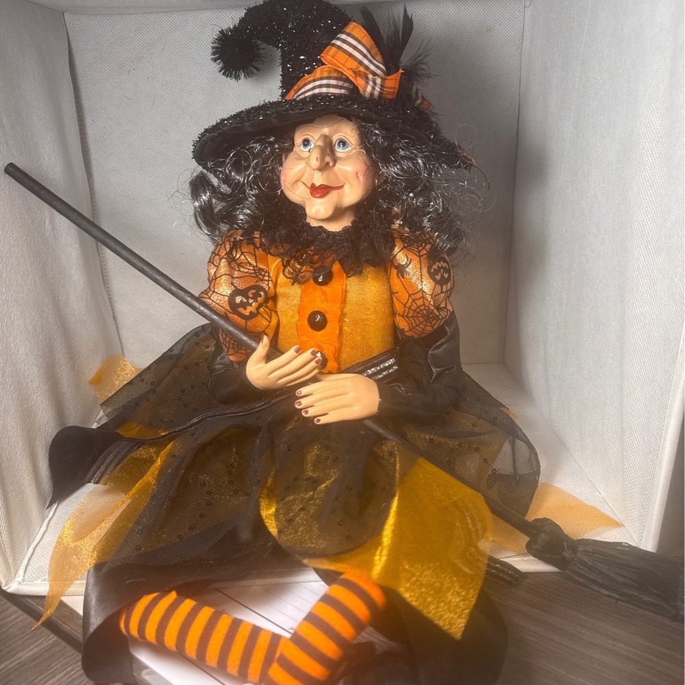 Vintage Halloween Sitting Witch Doll Orange Black Pumpkin Decor 30"